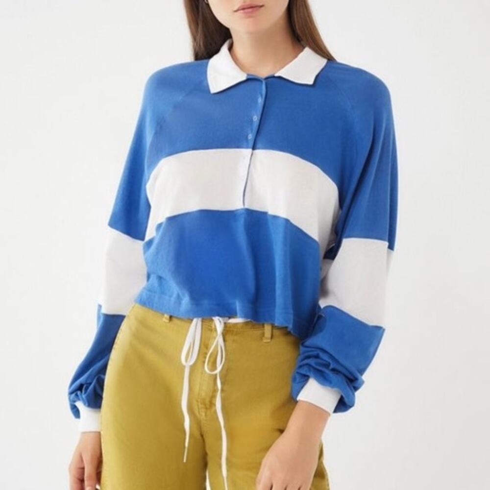 Urban Outfitters Carson Blue White Cropped Rugby Shirt Long Sleeve Small